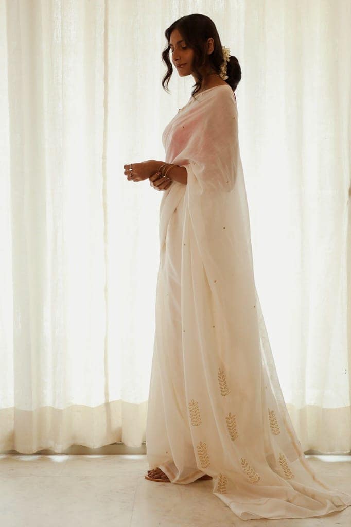 Saba Off-White Crewel Embroidered Olive Branch Saree view 4