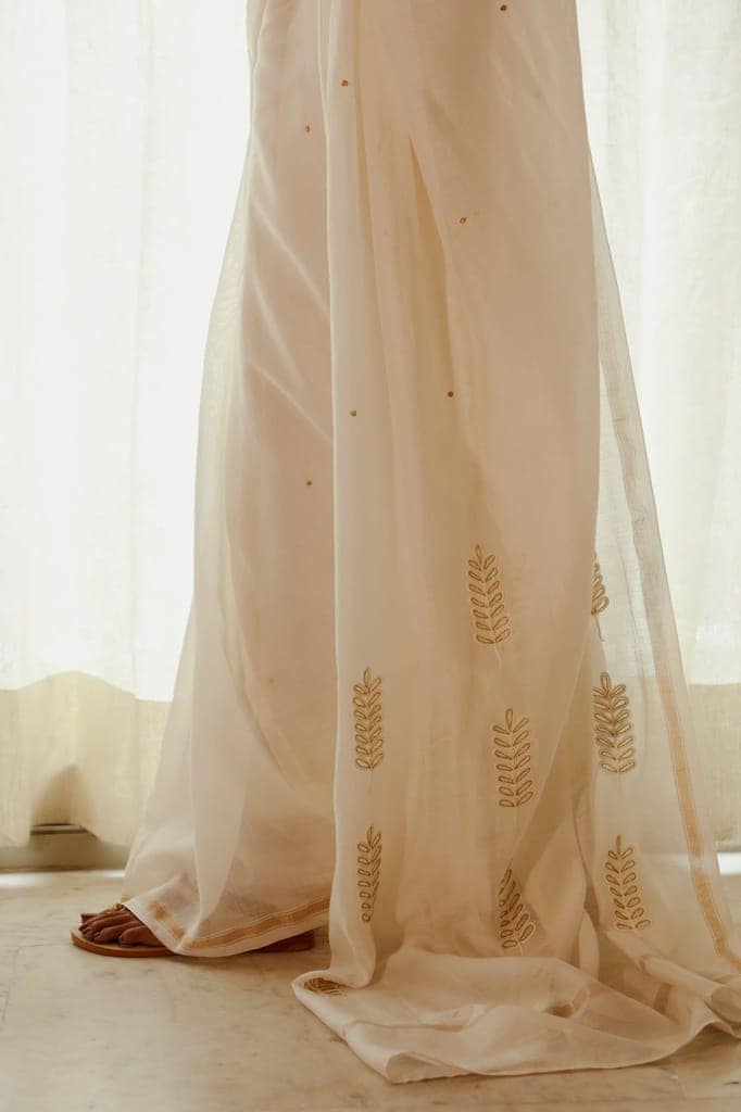 Saba Off-White Crewel Embroidered Olive Branch Saree view 5