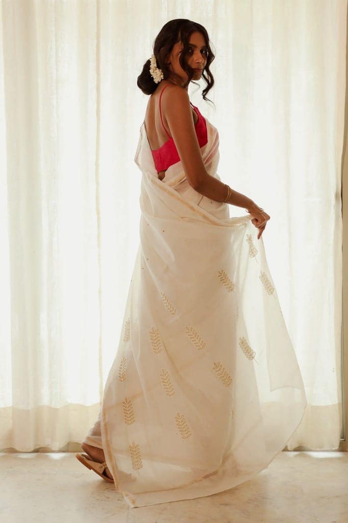 Saba Off-White Crewel Embroidered Olive Branch Saree view 6