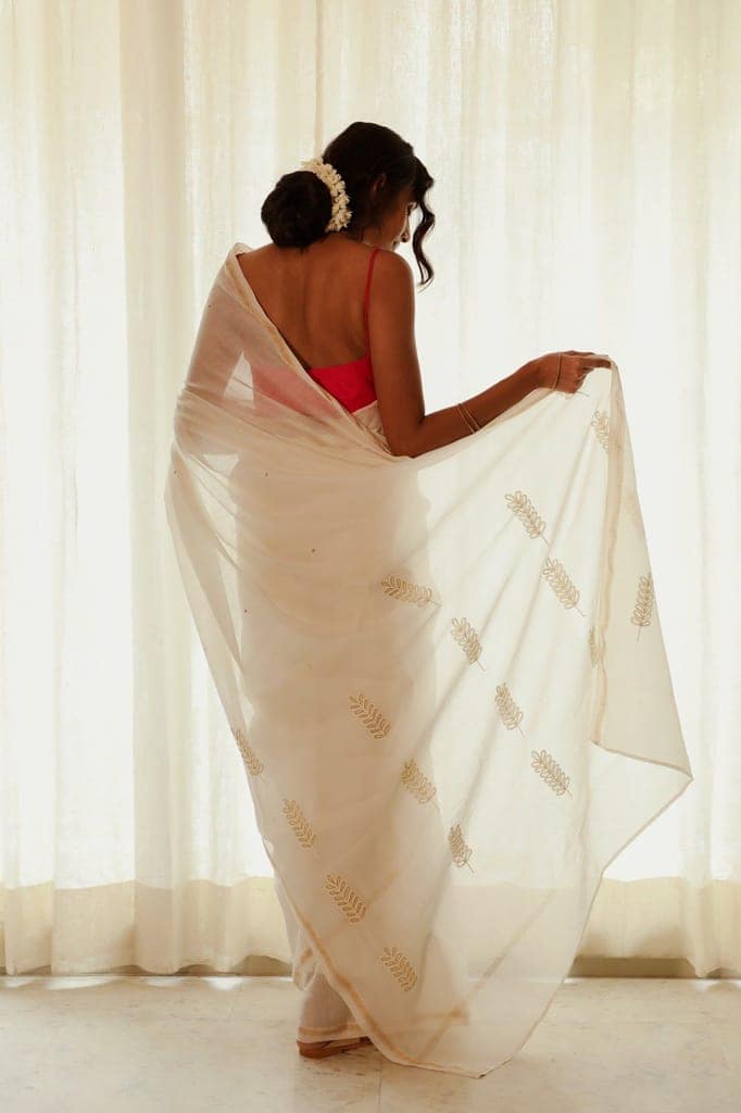 Saba Off-White Crewel Embroidered Olive Branch Saree view 7