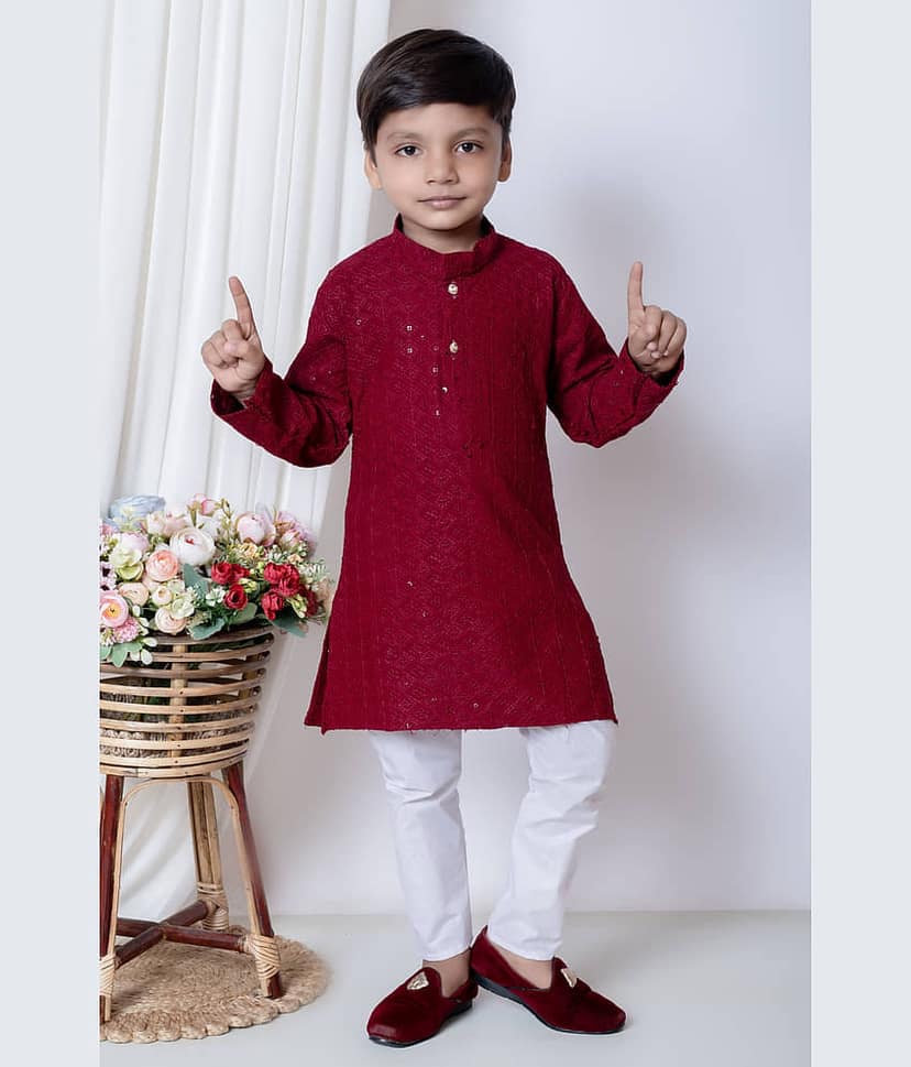 New Collection Boys Chanderi Sequined - Pattern Kurta Pant Set ( Dark Blue , Pack of 1 )
