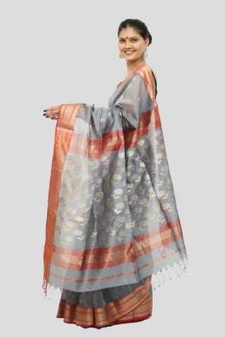 Heavenly Hema Heritage Coin motif handwoven Saree with Tassels – Gray