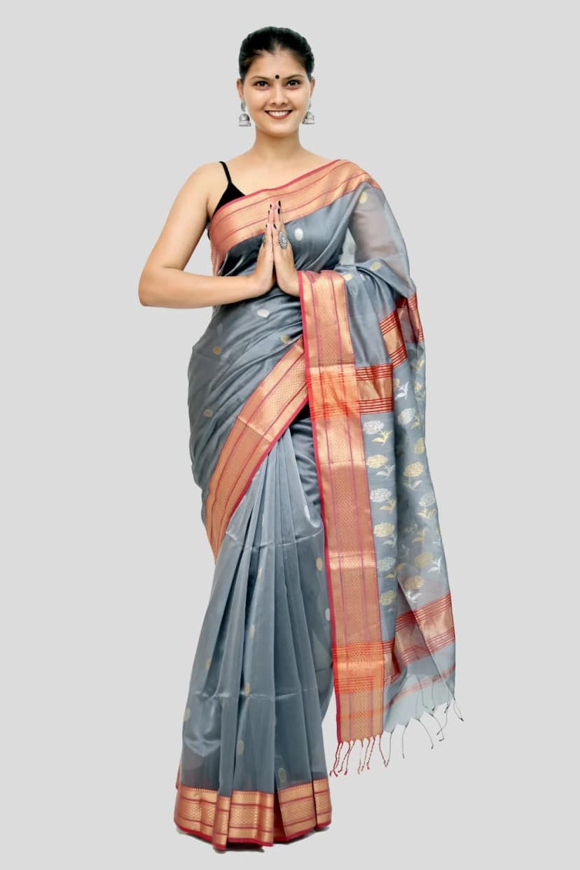 Heavenly Hema Heritage Coin motif handwoven Saree with Tassels – Gray view 3
