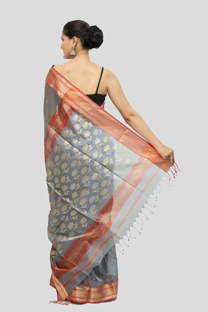 Heavenly Hema Heritage Coin motif handwoven Saree with Tassels – Gray view 4
