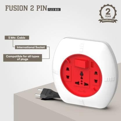 Fybros Fusion 2 Pin Extension Flex Box 5 Meter Power Cable with Indicator 3 Socket Extension Boards (White, Red, 5 m) view 2