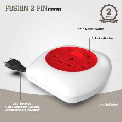 Fybros Fusion 2 Pin Extension Flex Box 5 Meter Power Cable with Indicator 3 Socket Extension Boards (White, Red, 5 m) view 3