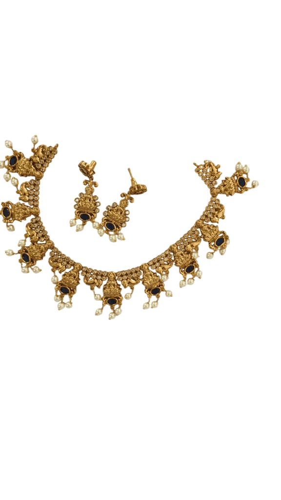 oxidized gold plated antique finish temple jewellery necklace set with blue stones and pearls