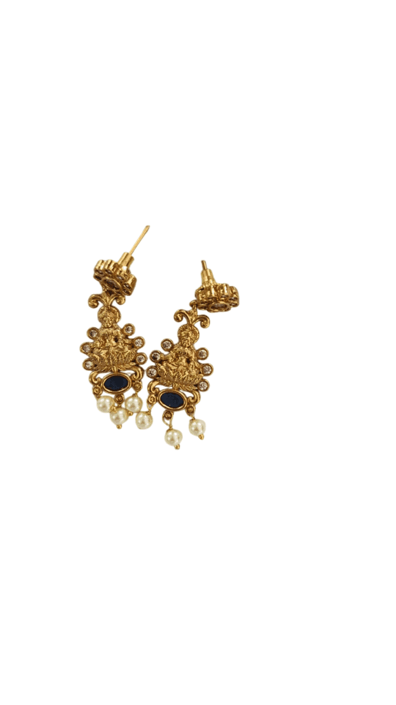 oxidized gold plated antique finish temple jewellery necklace set with blue stones and pearls view 2