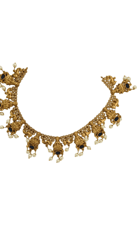 oxidized gold plated antique finish temple jewellery necklace set with blue stones and pearls view 3