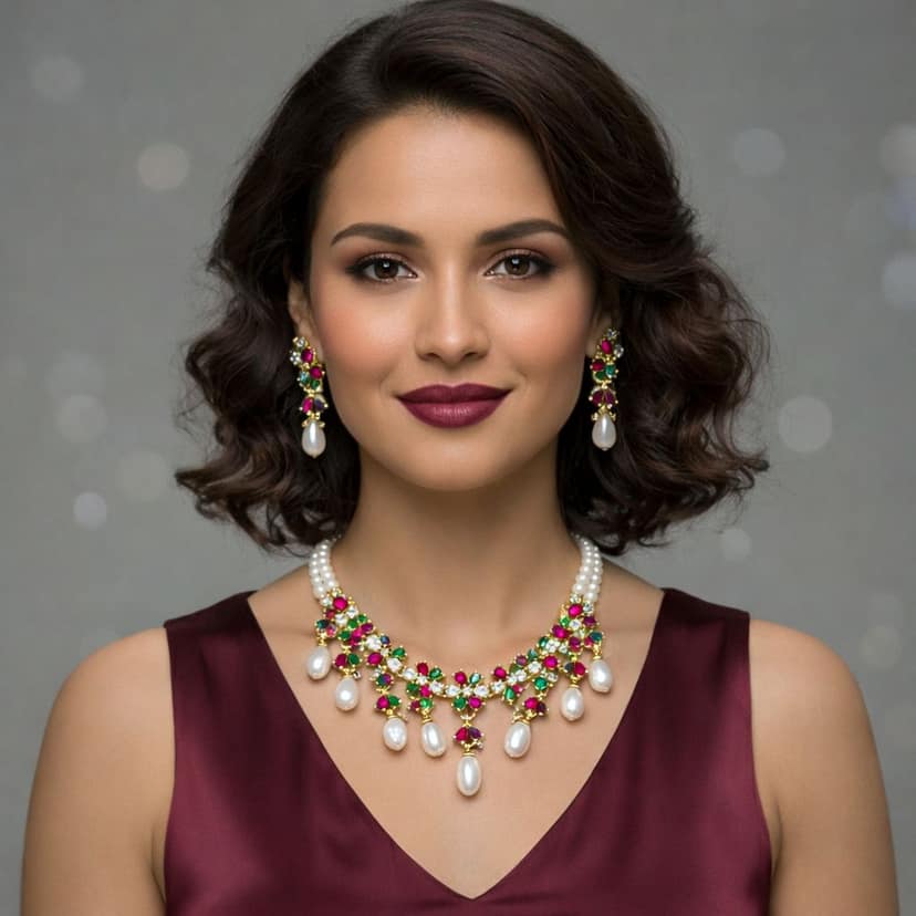 Two Layer Pearl Set With Multi Colour Flower view 3