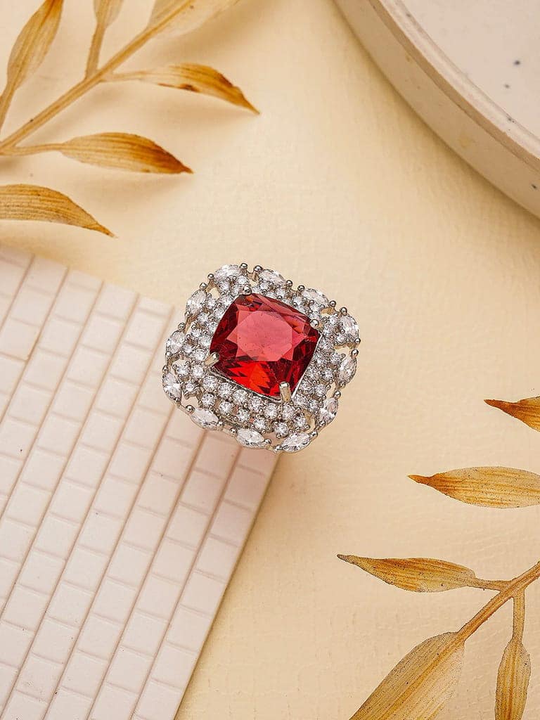 Silver Toned Ruby Red Zircon Embedded Statement Adjustable Finger Ring