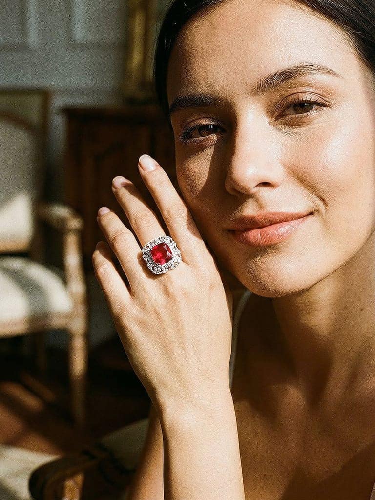 Silver Toned Ruby Red Zircon Embedded Statement Adjustable Finger Ring view 2