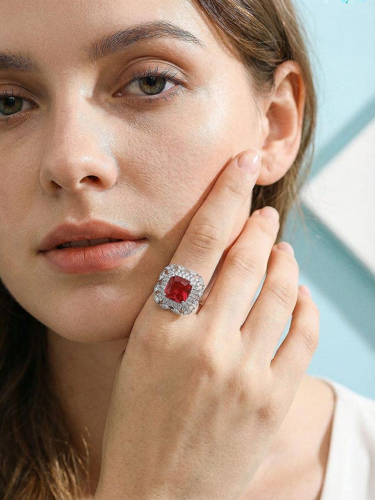 Silver Toned Ruby Red Zircon Embedded Statement Adjustable Finger Ring view 3