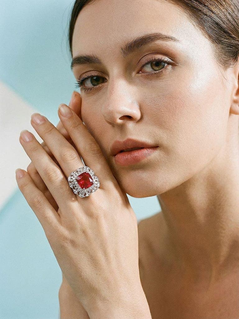 Silver Toned Ruby Red Zircon Embedded Statement Adjustable Finger Ring view 5