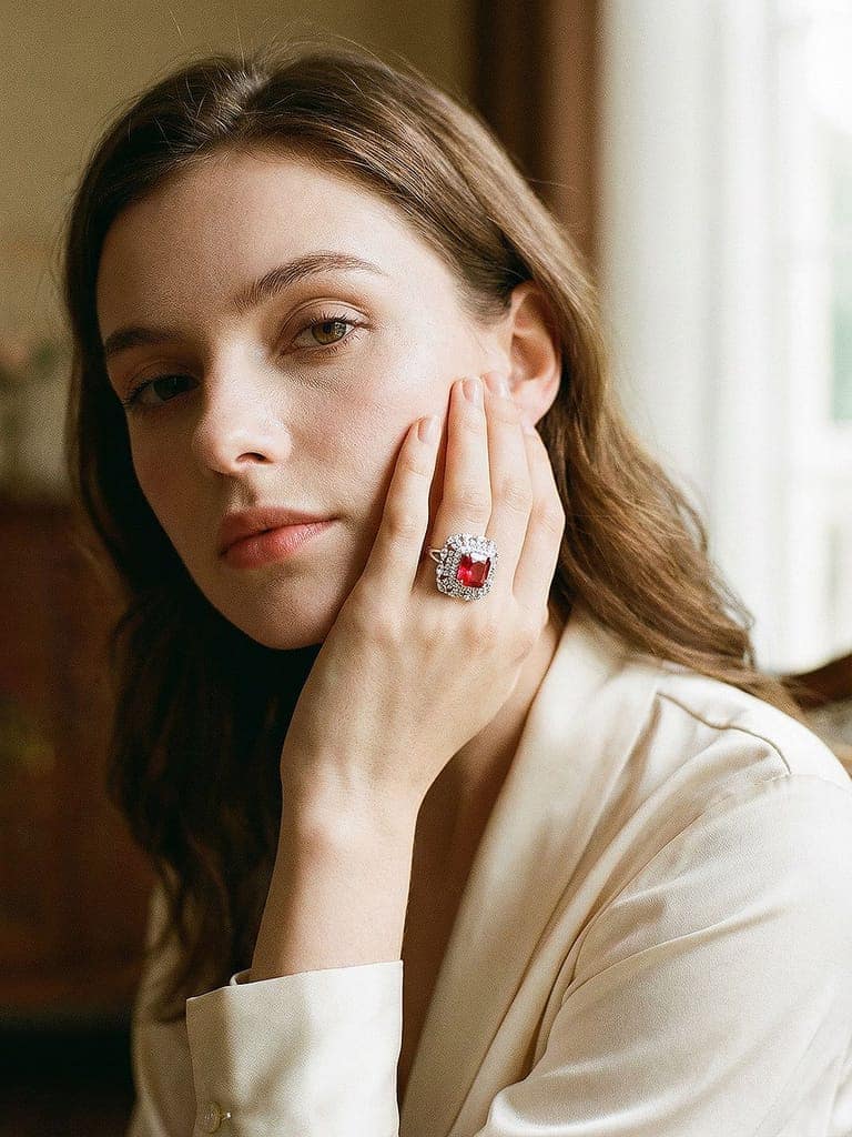 Silver Toned Ruby Red Zircon Embedded Statement Adjustable Finger Ring view 6
