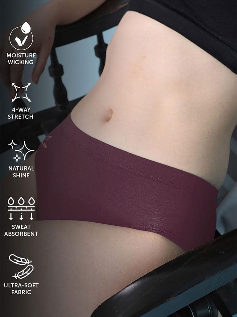 Freecultr Women’s Micromodal Mid-Rise Hipster | Super Soft & Breathable Fabric | Medium Rear Coverage | Comfortable Stretch Elastic | Pack of 3 |Color - Avocado Green,Clay,Port Wine view 7