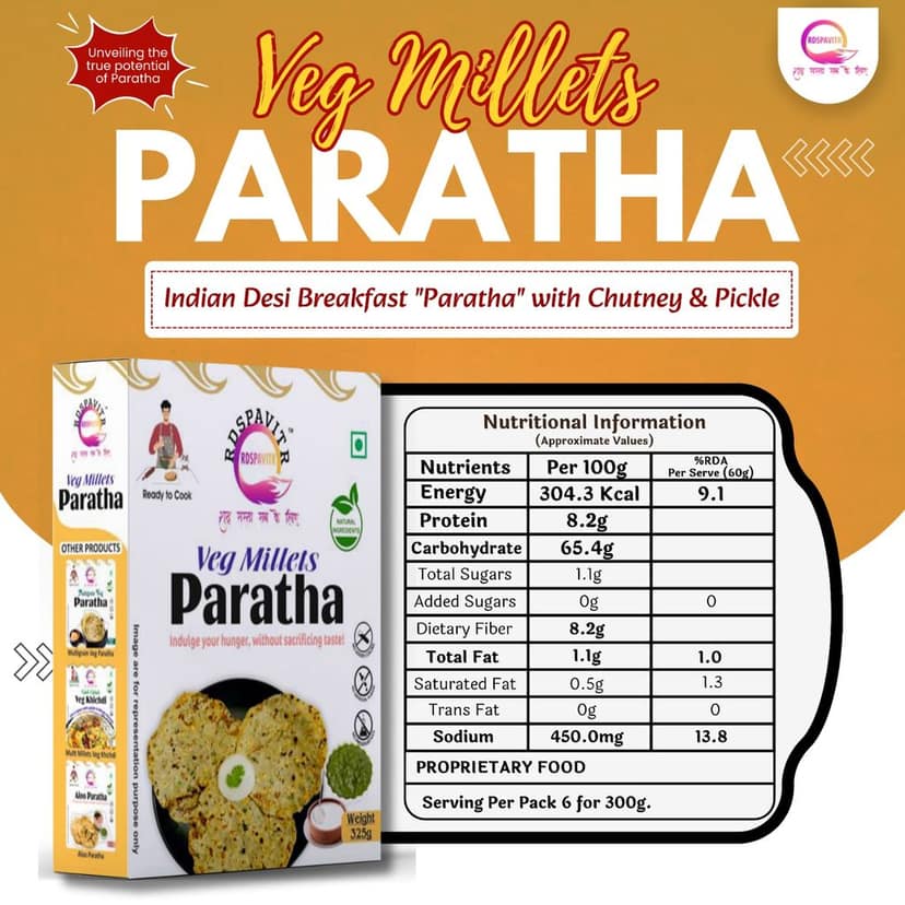 Wheat Free Veg Millets Paratha | Paratha Premix 300 Gm, Peanut Chutney 50g and Mix Pickle 50g | Ready To Cook | No Preservative | Made With Natural Ingredients view 3