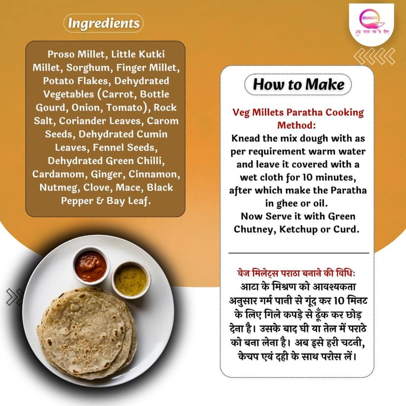 Wheat Free Veg Millets Paratha | Paratha Premix 300 Gm, Peanut Chutney 50g and Mix Pickle 50g | Ready To Cook | No Preservative | Made With Natural Ingredients view 4
