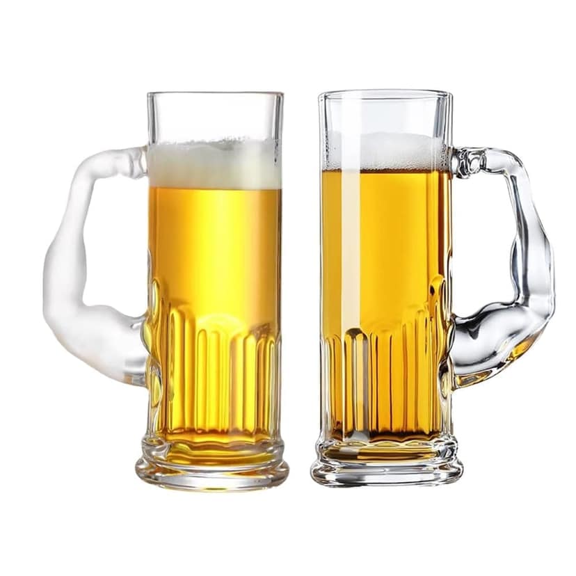 Large Muscle Beer Mug with Handle, 600 ML, Set of 1, Long Tall Jumbo Big Size Drinking Glass, Funny Shape Stein for Bar Beverages, Perfect for Man