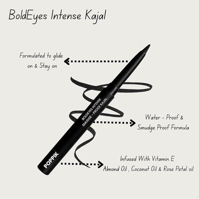 POPPIK BoldEyes Intense Kajal Black, Matte Finish, Smudge-Proof & Waterproof Eye Pencil with Vitamin E & Almond Oil, Long-Lasting, Cooling Effect, 0.3g view 3