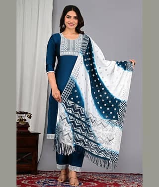EXPORTHOUSE Silk Blend Embroidered Kurti With Pants Women's Stitched Salwar Suit - Blue ( Pack of 1 )