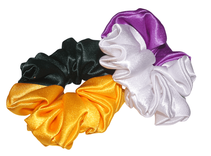 Satin Hair Scrunchies Set - Yellow, Green, Purple & White view 3