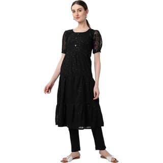 JADIIDA Beautiful Embroidery Women hakoba Cotton A-line Kurta (black)