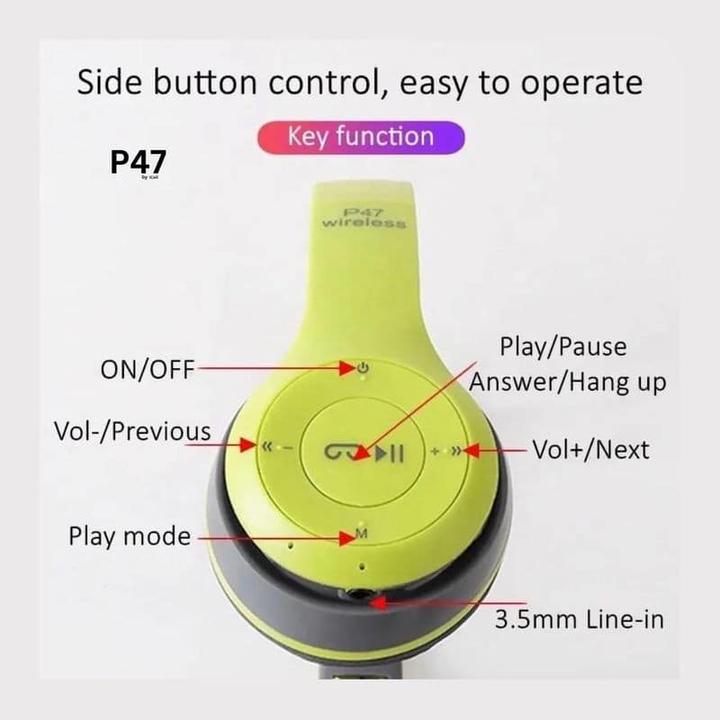 P47 Wireless Bluetooth Headphones, Deep Bass, Foldable Design, Built-in Mic, All-Day Comfort and Noise Isolation Color - Green view 2