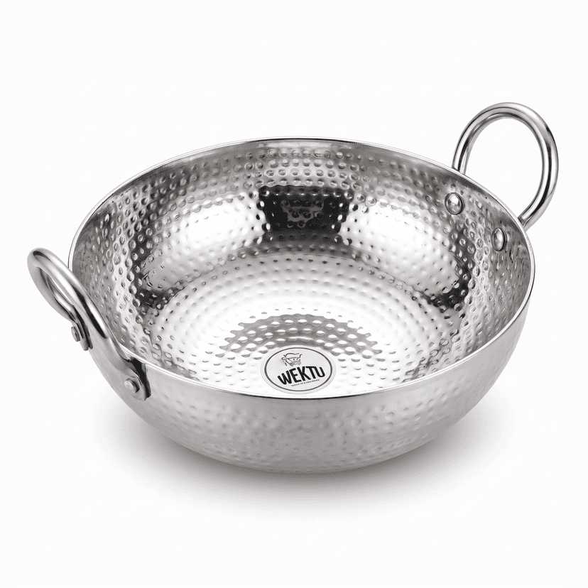 WEKTU Premium Stainless Steel Hammered Kadhai – Heavy Gauge Mathar Kadhai with Sturdy Riveted Stainless Steel Loop Handles | Mirror Finish Cook & Serve Deep Kadhai for Home & Kitchen
