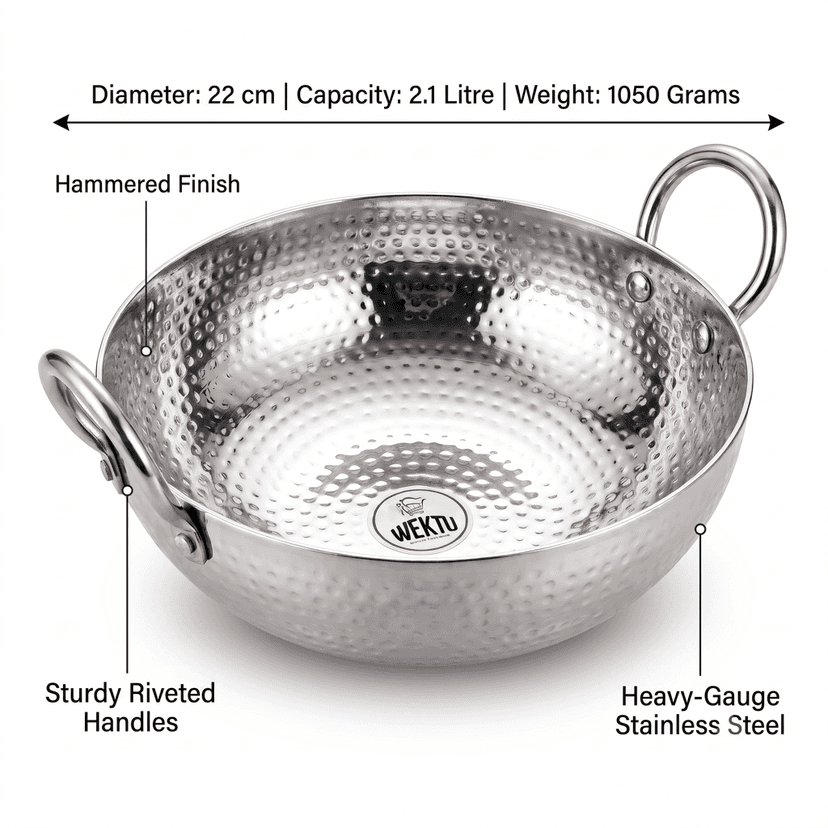 WEKTU Premium Stainless Steel Hammered Kadhai – Heavy Gauge Mathar Kadhai with Sturdy Riveted Stainless Steel Loop Handles | Mirror Finish Cook & Serve Deep Kadhai for Home & Kitchen view 2