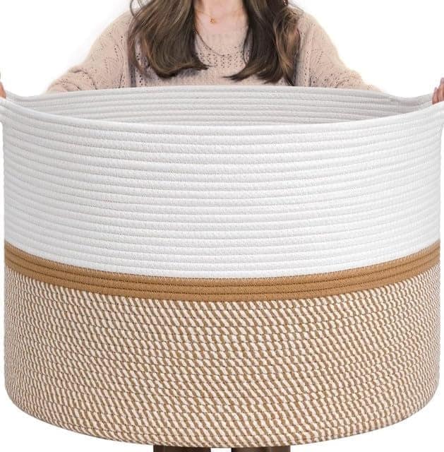Generic Cotton Dori 16x14 Inch Storage Basket For Clothes With Out Lid (White-Beige-White)-PID66466