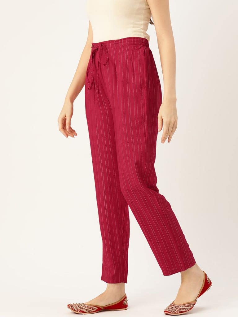 Women Striped Smart Straight Fit Cotton Trousers view 3