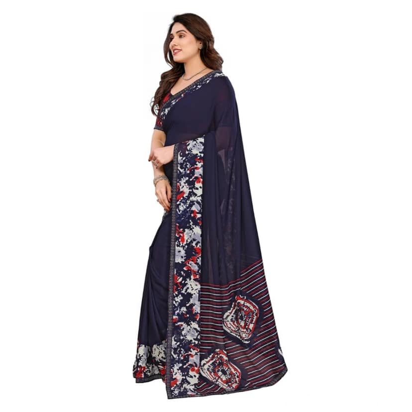 womens georgette printed saree with unstitched blouse 5mtr navy blue pid62564 view 2