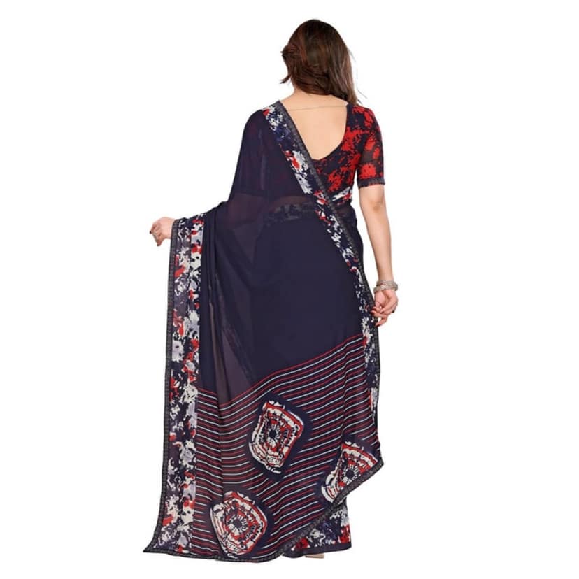 womens georgette printed saree with unstitched blouse 5mtr navy blue pid62564 view 3