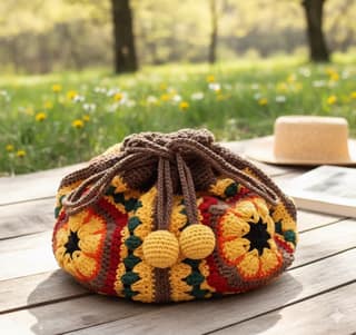 Sakha Crochet Drawstring Bag Yellow Brown Red Green Black