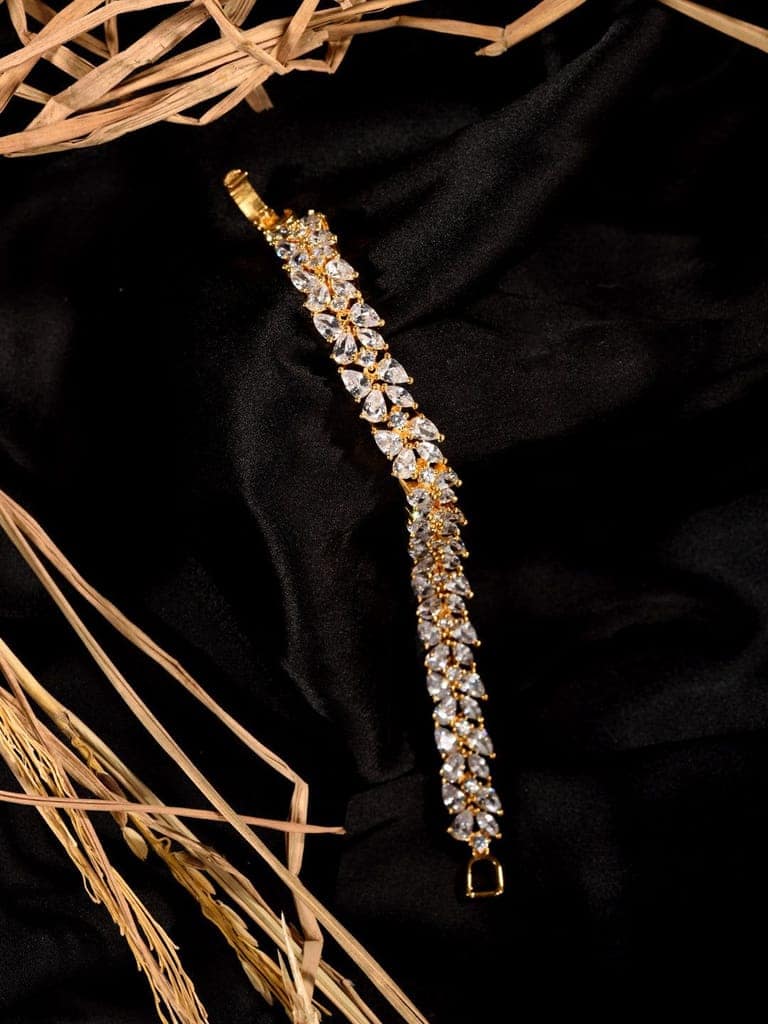 Rose Gold Plated Leaf Design White AD studded Designer Tennis Bracelet For Her view 2