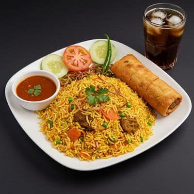 Tarkari Biryani & Veg Corn Rolls & Cool Drink