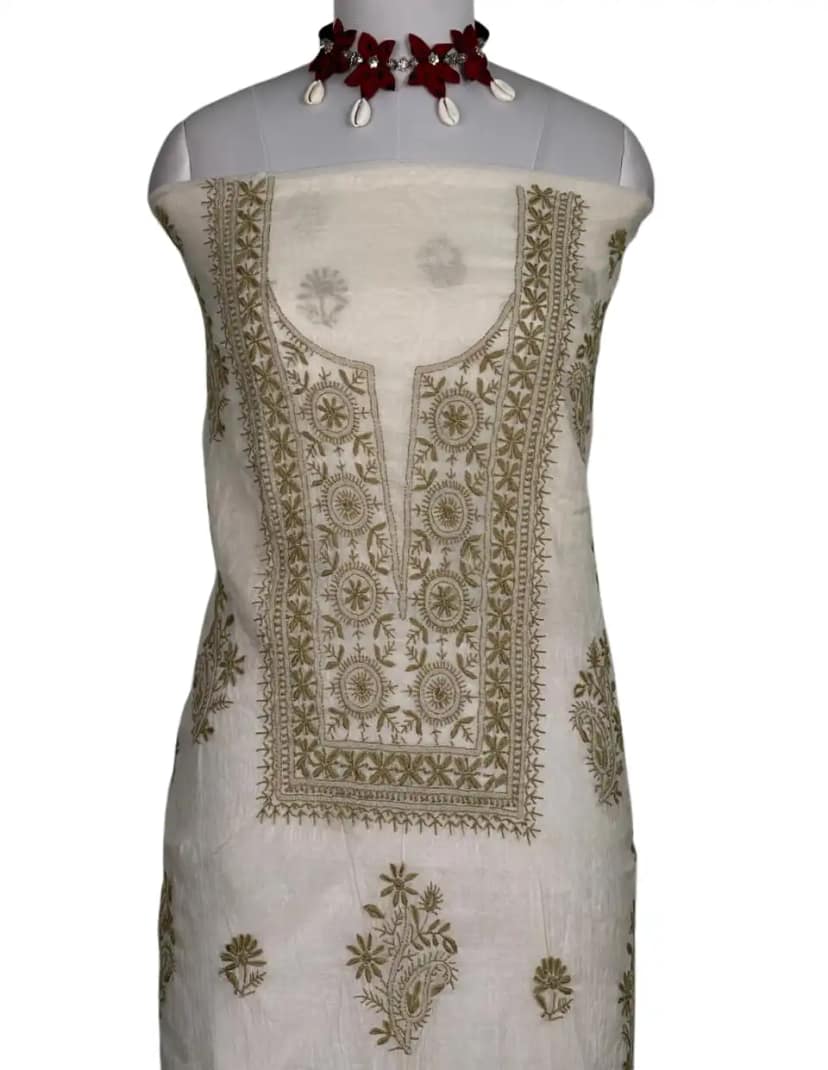 Chikankari Mul Chanderi Dress Material Ivory Green Floral view 2