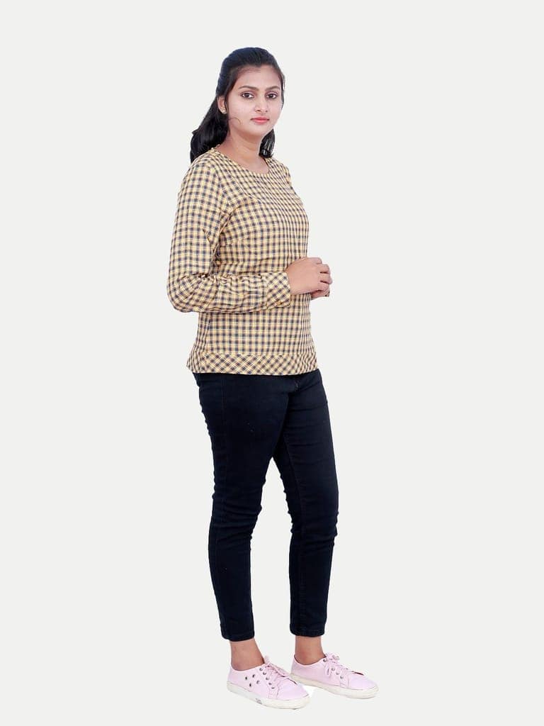 Women Beige Gingham Print Top view 3