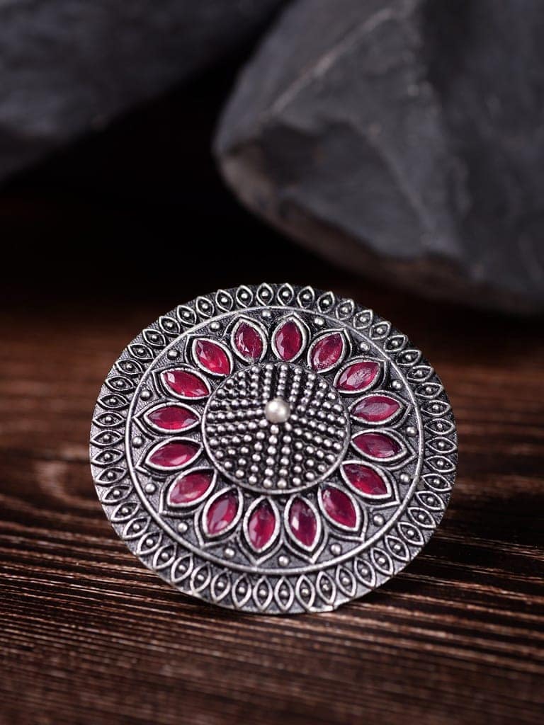 Oxidised Silver Plated Pink Stone Studded Finger Ring view 2