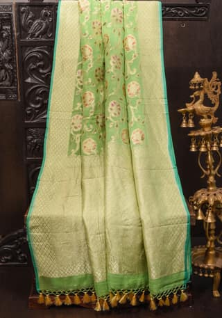 Hand Brush Dye Banarasi Georgette Saree with Rose Jaal in Lime Green | SILK MARK CERTIFIED
