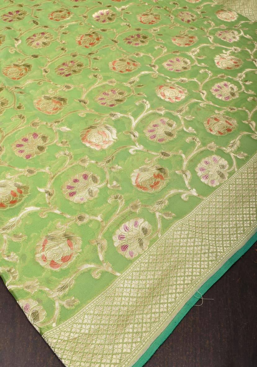 Hand Brush Dye Banarasi Georgette Saree with Rose Jaal in Lime Green | SILK MARK CERTIFIED view 2