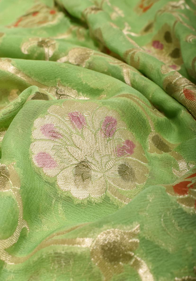 Hand Brush Dye Banarasi Georgette Saree with Rose Jaal in Lime Green | SILK MARK CERTIFIED view 3