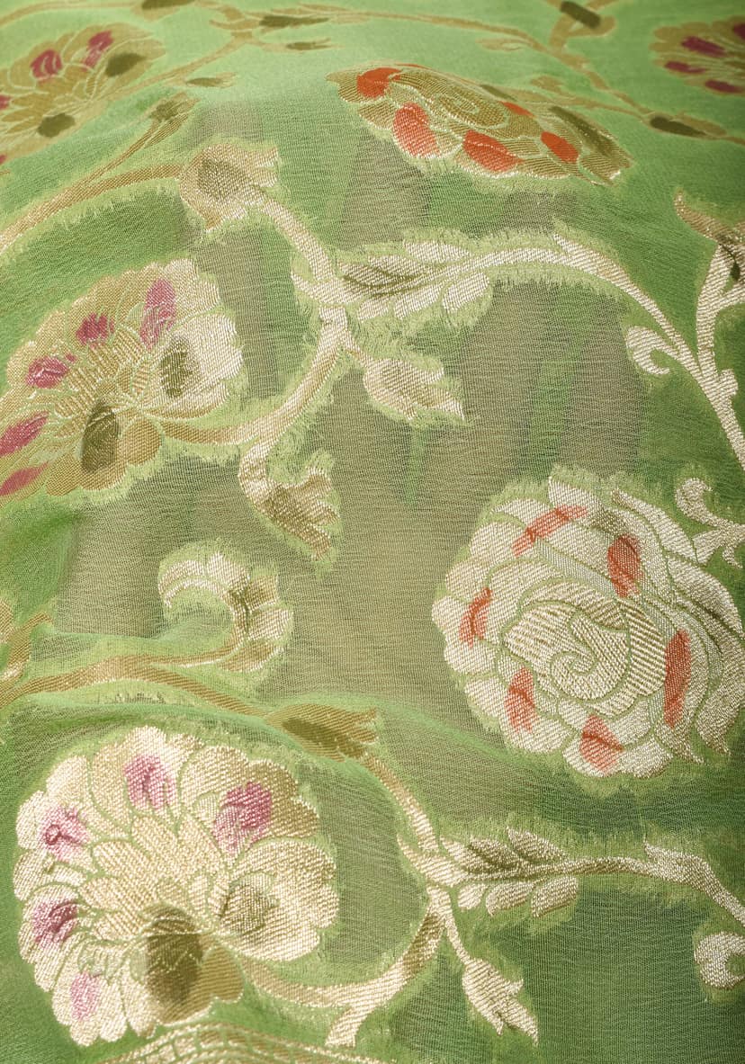 Hand Brush Dye Banarasi Georgette Saree with Rose Jaal in Lime Green | SILK MARK CERTIFIED view 4