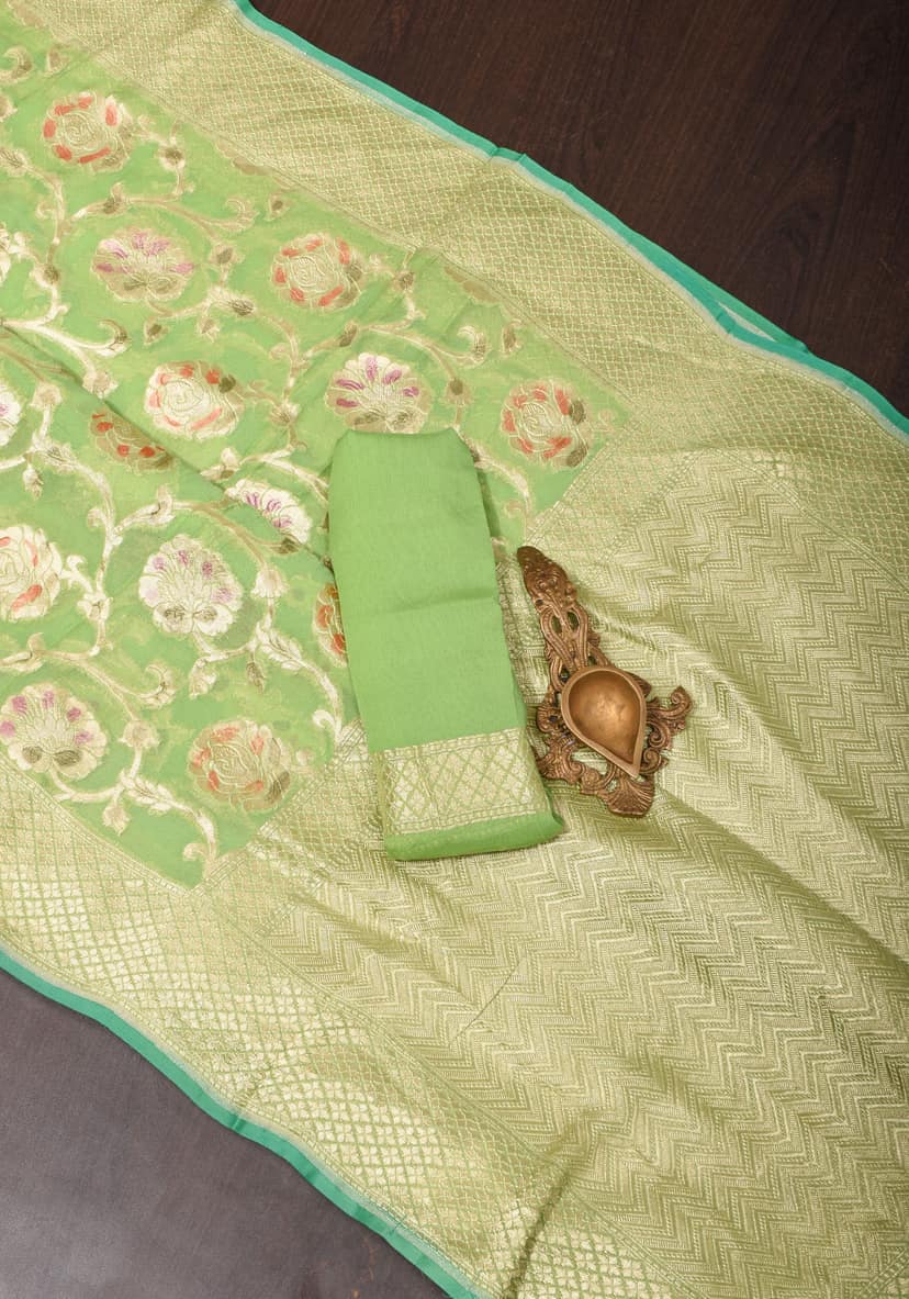 Hand Brush Dye Banarasi Georgette Saree with Rose Jaal in Lime Green | SILK MARK CERTIFIED view 5