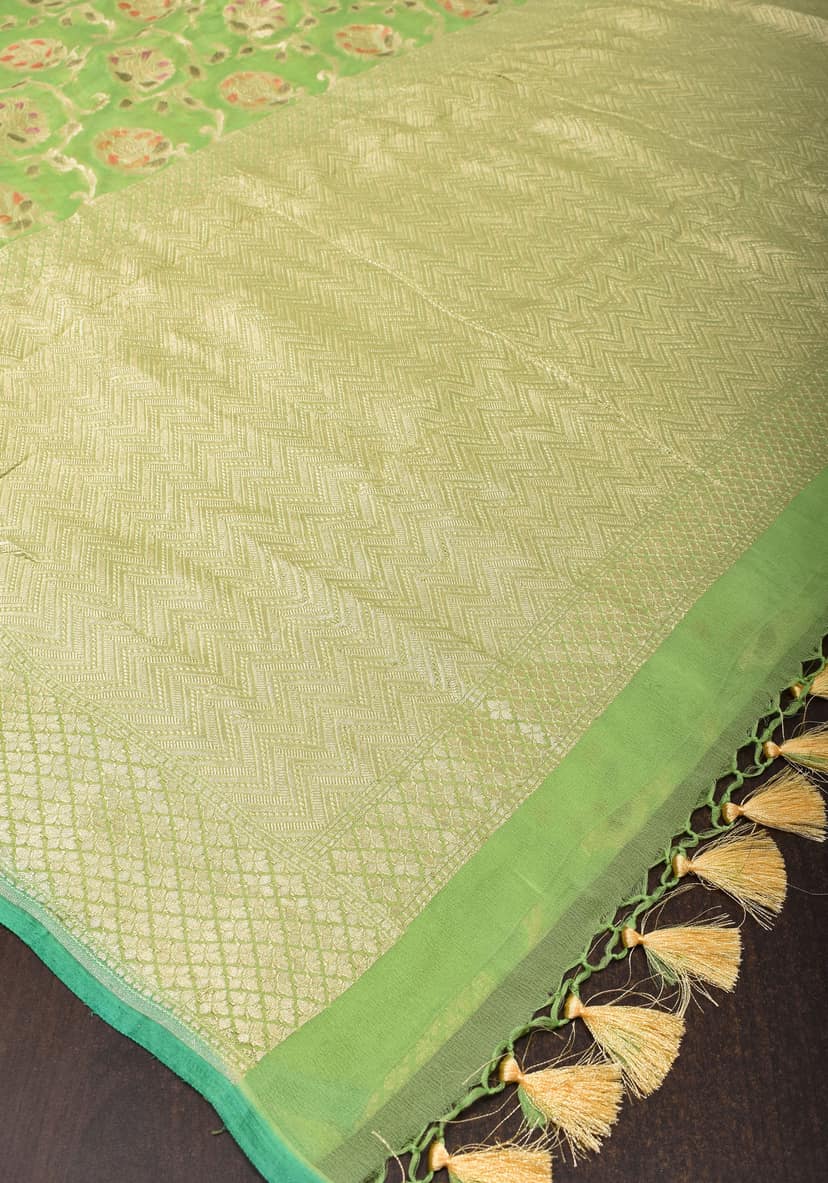 Hand Brush Dye Banarasi Georgette Saree with Rose Jaal in Lime Green | SILK MARK CERTIFIED view 6