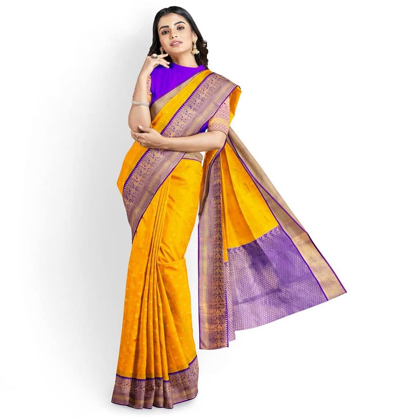 Yellow and blue semi Silk Saree With Zari Border and un stiched blose piece view 2