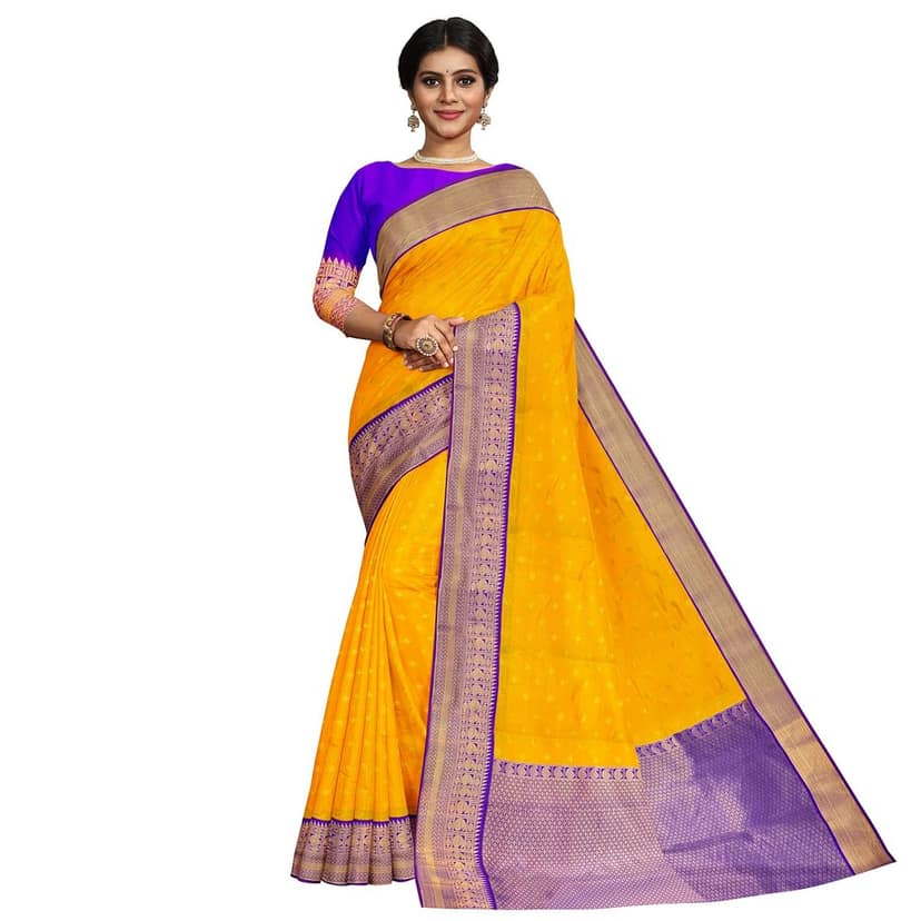 Yellow and blue semi Silk Saree With Zari Border and un stiched blose piece view 3