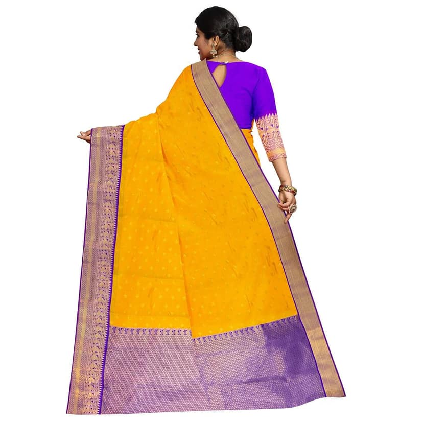 Yellow and blue semi Silk Saree With Zari Border and un stiched blose piece view 4