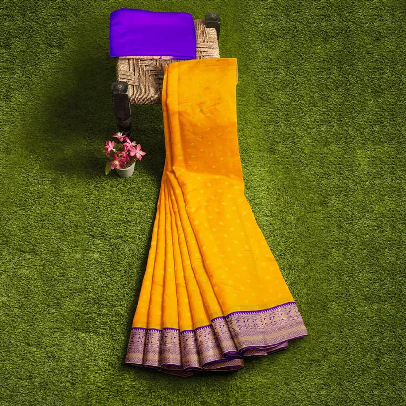 Yellow and blue semi Silk Saree With Zari Border and un stiched blose piece view 5
